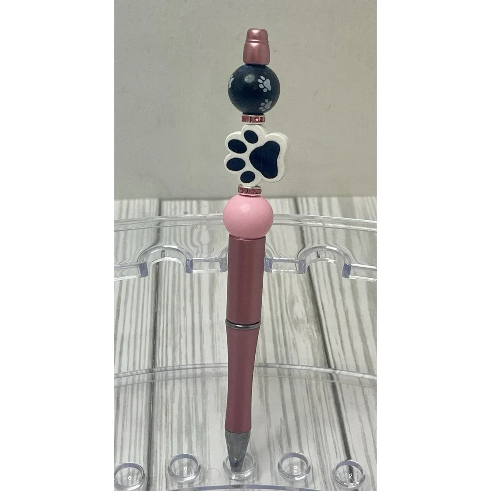 Pink And Black Paw Print Beaded Pen Black Ink